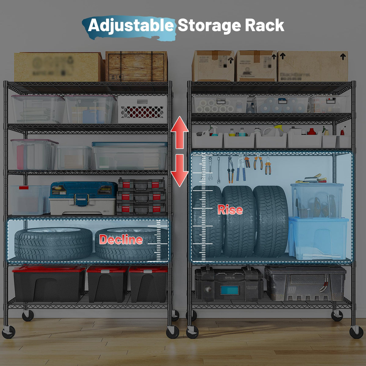 Heavy Duty 6 Tier Rolling Storage Shelves with Wheels for Garage (82"H X 45"W X 18"D-Black)