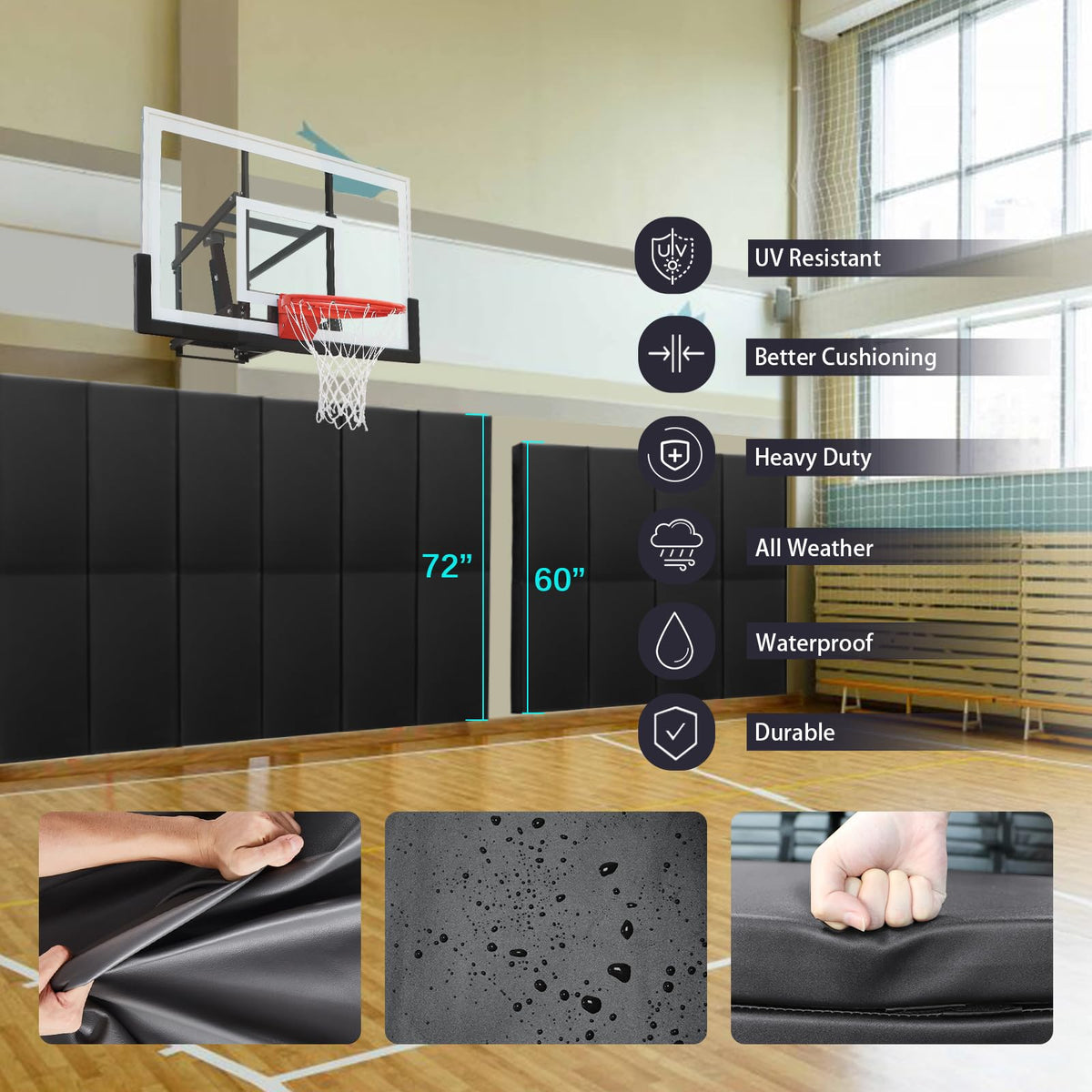 60" 72" High Gym Wall Padding 2" Thick Foam Basketball Court Wall Mount Protector for Garage Taekwondo Babyroom (BLACK / 60" x 24" x 4")