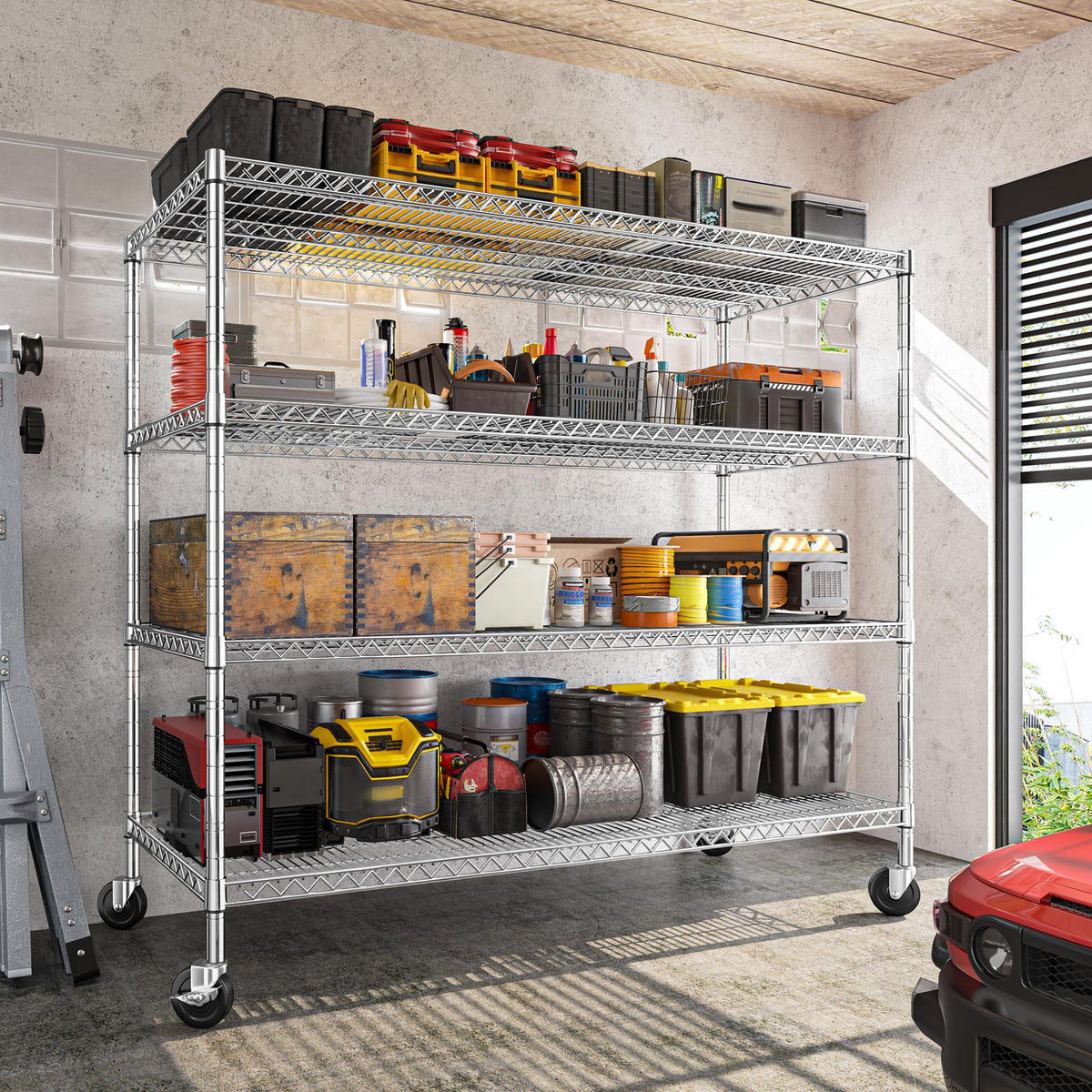55.5''W Storage Shelves 2500LBS Wire Shelving Unit with Wheels Heavy Duty Metal Shelves for Storage Adjustable Garage Storage Rack Pantry Shelf Kitchen Shelving (Chrome)