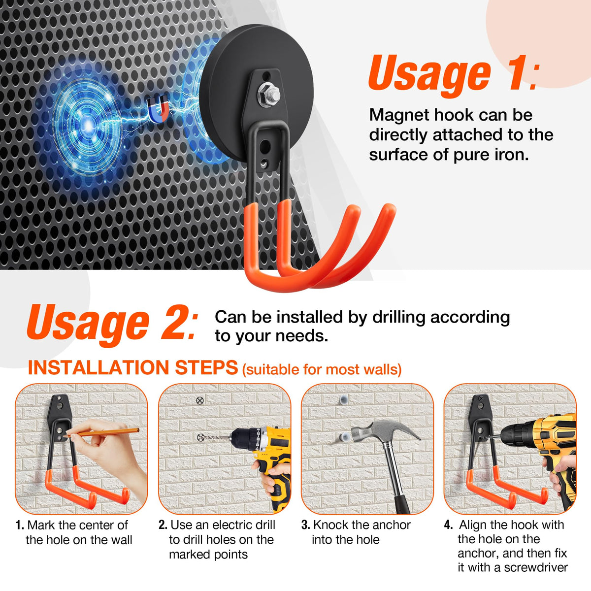 4Pcs Large Strong Magnetic Hooks for Hanging Heavy Duty (3.5" Magnet-4 Pack Larger J Hooks-Orange)