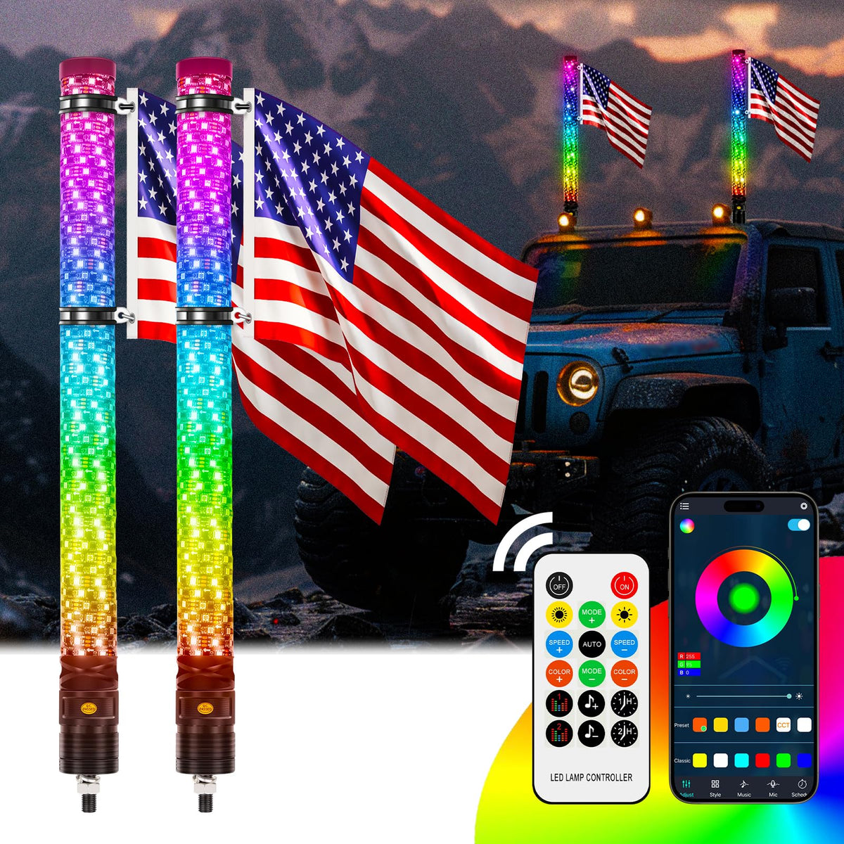 2PCS 2FT Fat Whip Lights 360°Spiral Chase Offroad Warning Lighted Antenna LED Whips Side by Side with Turn Signal Brake Reserving Lights for UTV ATV RZR Can (Fat 2PCS 2FT)