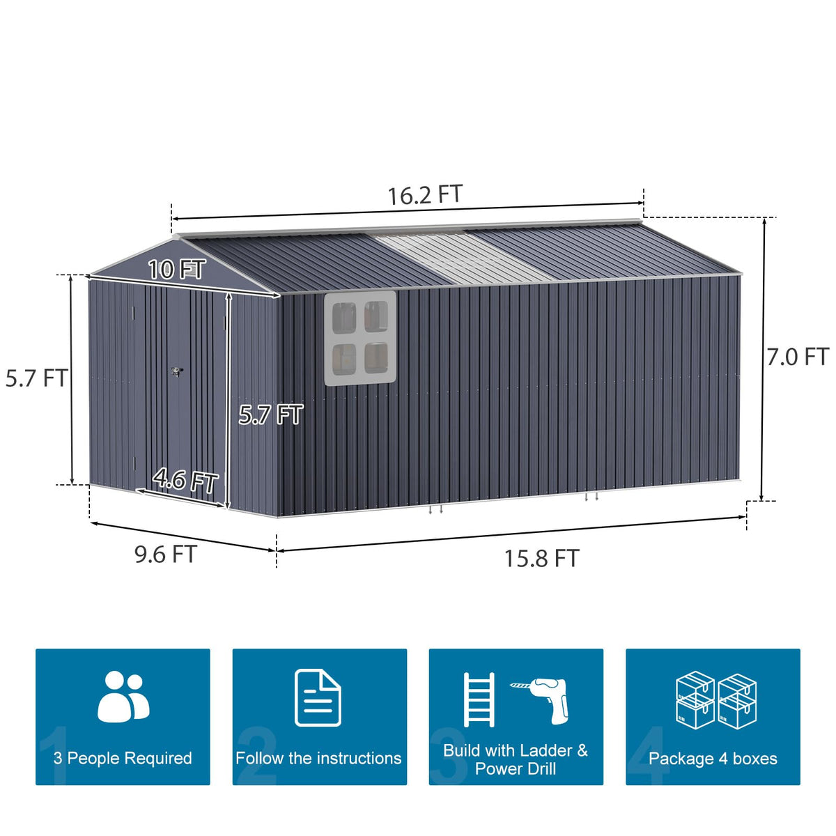 10x16 FT Metal Outdoor Storage Shed with Windows Skylight (10x16 FT-Large)