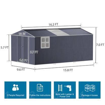 10x16 FT Metal Outdoor Storage Shed with Windows Skylight (10x16 FT-Large)