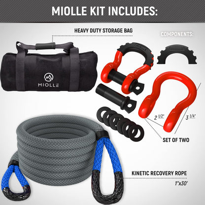 Gear Kinetic Recovery Tow Ropes for Any Recovery Situation (1x30 with D shackles / Grey/Blue)