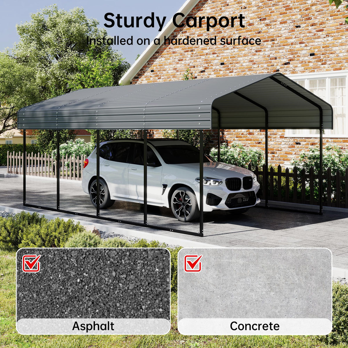 12 x 20 FT Heavy Duty Metal Carport (Gray / 12x20ft Without Sidewalls)