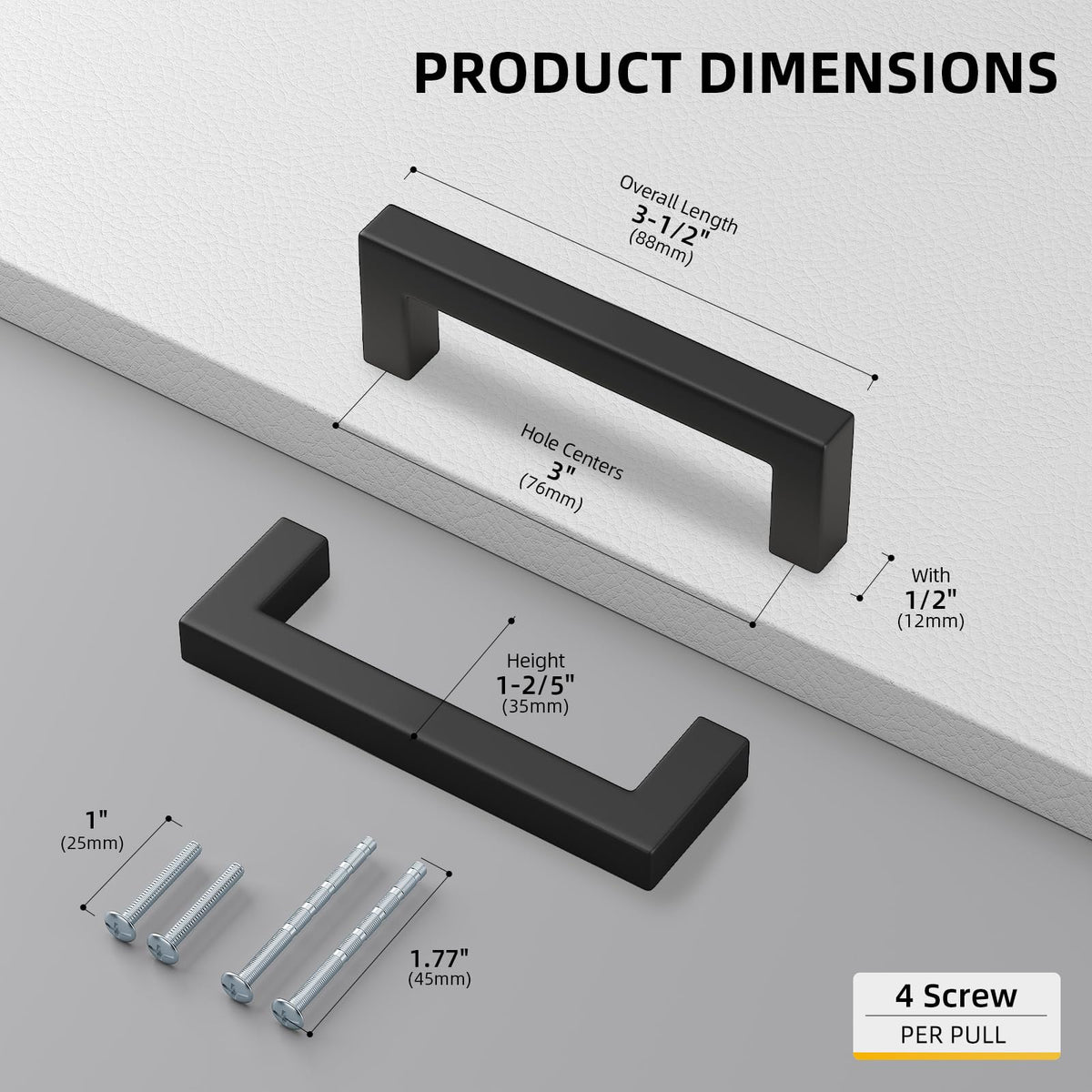 200 Pack 3 Inch Black Kitchen Cabinet Handles Square Drawer Pull (Matte Black / 3 Inch Hole Centers)