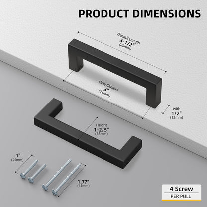 200 Pack 3 Inch Black Kitchen Cabinet Handles Square Drawer Pull (Matte Black / 3 Inch Hole Centers)