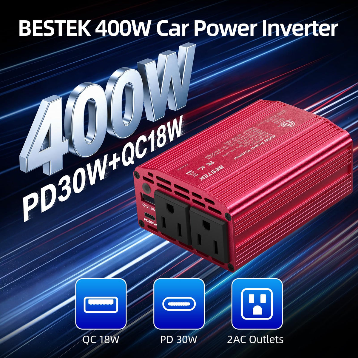 400W Car Power Inverter 12V to 110V Car Charger Plug Adapter[Red] (Red)