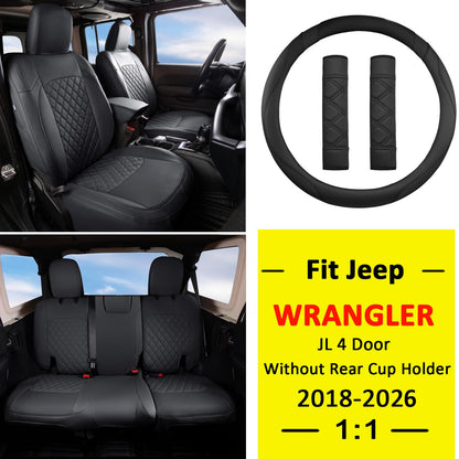 Wrangler JL Seat Covers Custom Fit for Jeep Wrangler (Black / 18-26 JL 4 Door Without Rear Cup Holder Full Set)