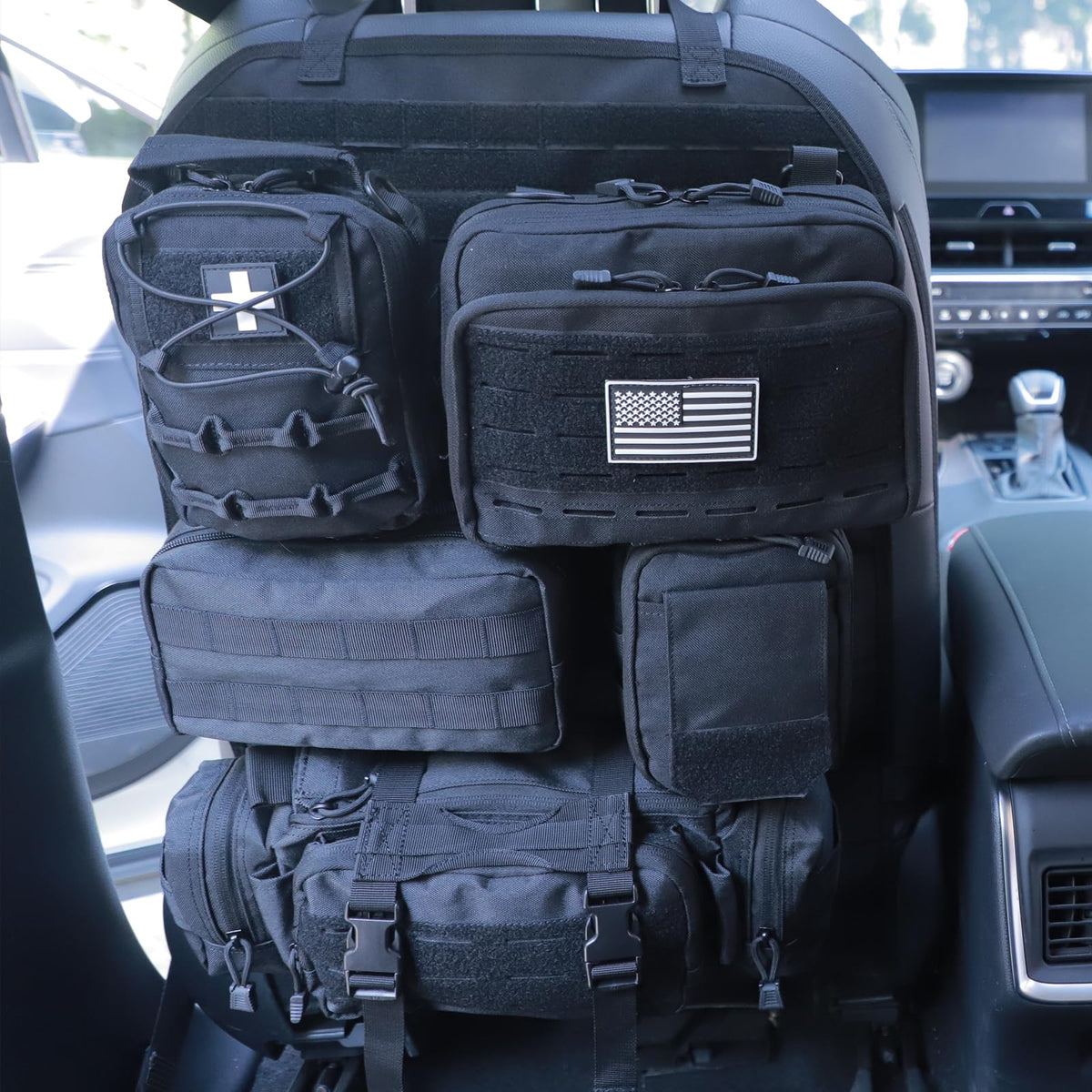 Universal Tactical Seat Back Organizer Vehicle Molle Panel Organizer Storage Bag with 5 Detachable Molle Pouch for All Vehicel Such as Jeep (Upgraded-C-Black)