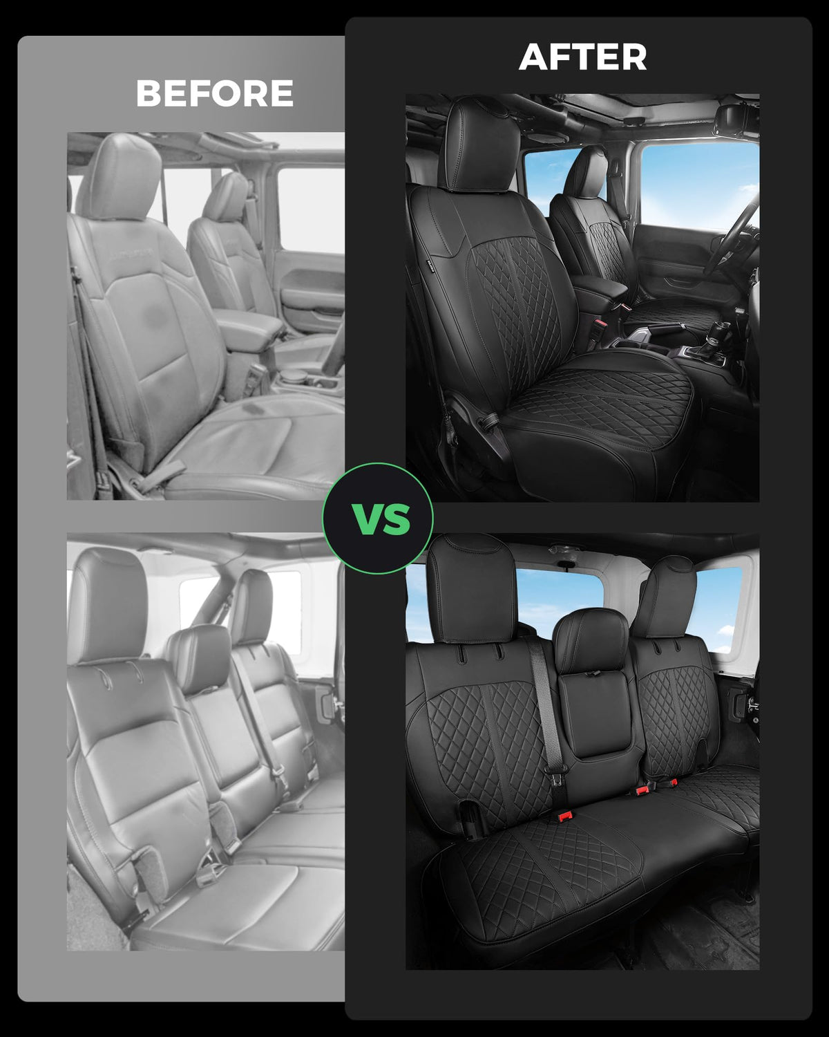 for Jeep Wrangler Leather Custom Car Seat Covers Full Set 4 Door (Black / JL 18-26 4Door With Rear Cup Holder)