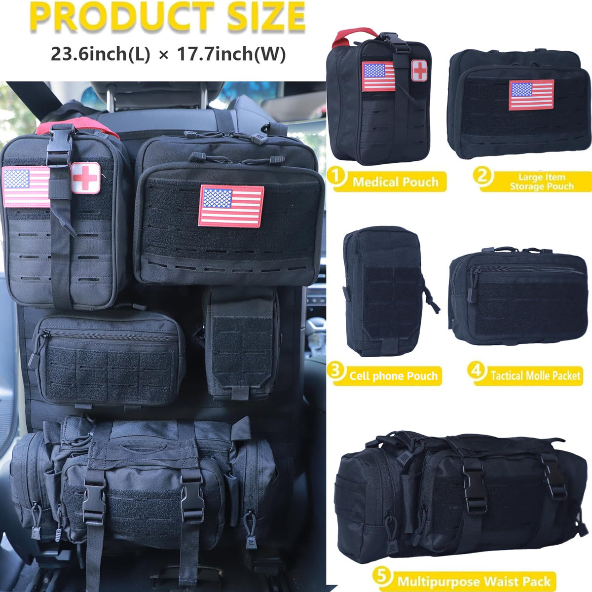 Universal Tactical Seat Back Organizer Vehicle Molle Panel Organizer Storage Bag with 5 Detachable Molle Pouch for All Vehicel Such as Jeep (Upgraded-D-Black)