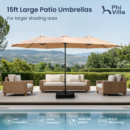 15ft Large Outdoor Patio Umbrella with Base Included (Beige)