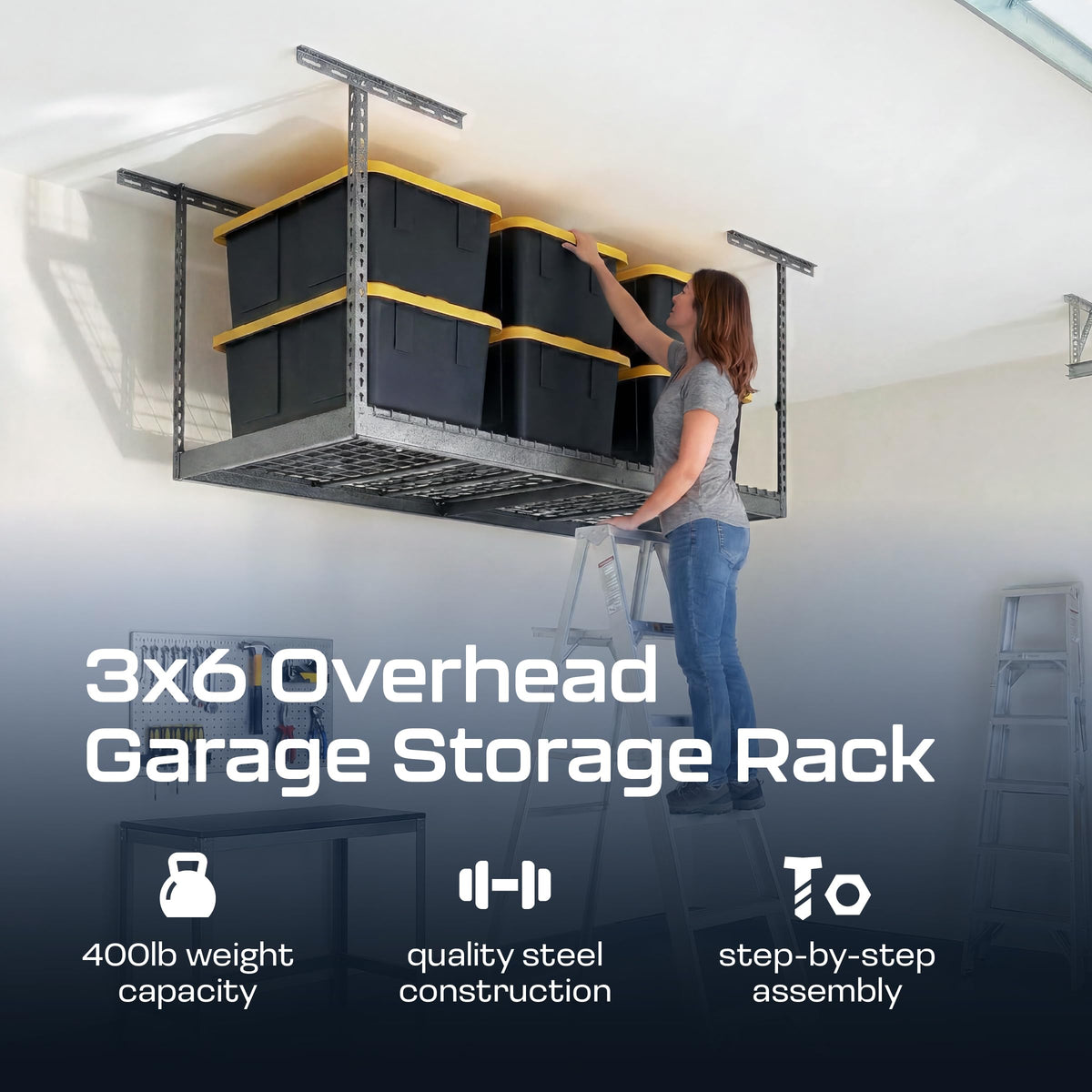 MonsterRAX 3x6 Overhead Garage Storage Rack (Hammertone / 18"-33")