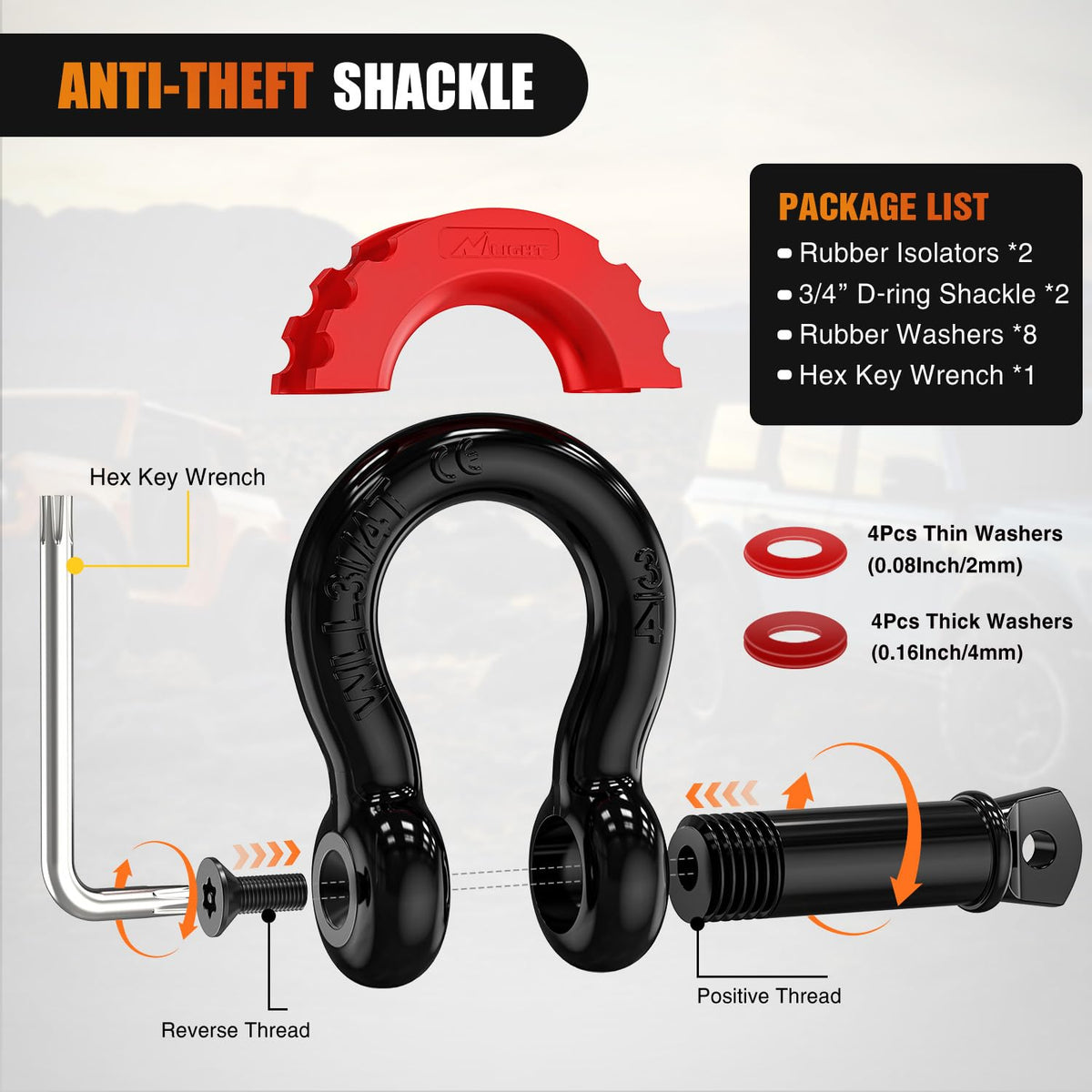 Kinetic Recovery Rope Kit with D (1Pc 1in x 30ft Kinetic Recovery Rope + 2Pcs Anti-Theft D-Ring Shackles)