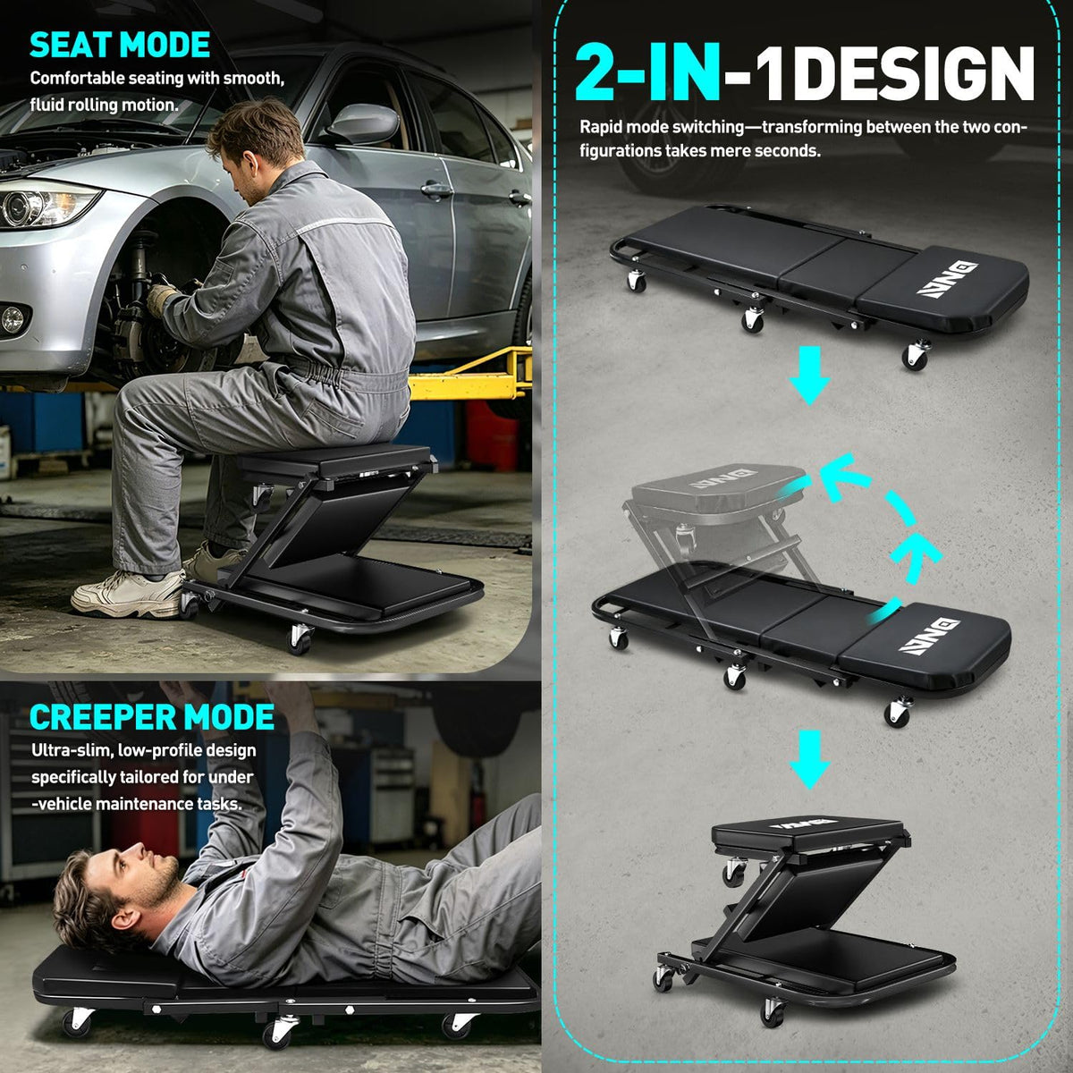 40 Inches Folding 2 in 1 Rolling Z Creeper (Black / 40 Inches)