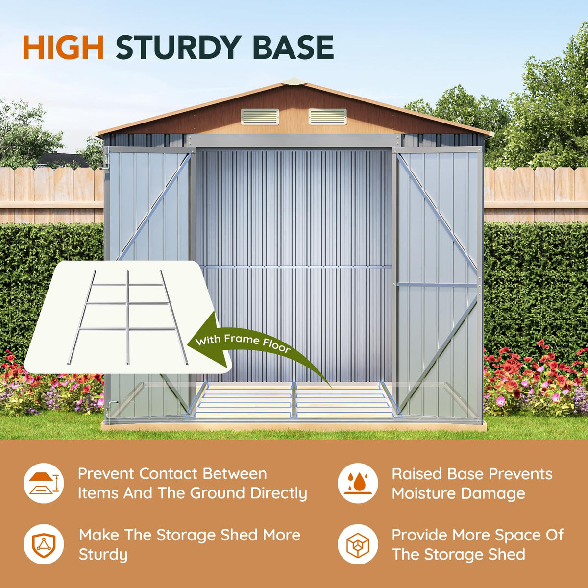 10×8FT Metal Shed & Outdoor Storage Shed with Floor Frame (Matte gray / 8*10FT(Base Included))