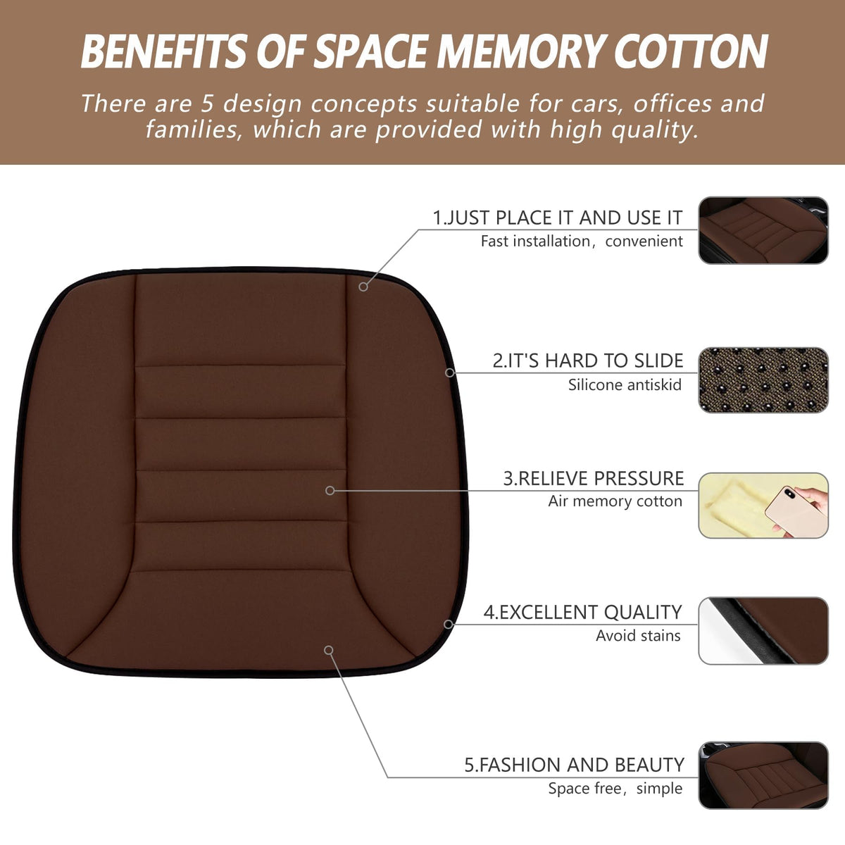 2PCS Car Seat Cushion Pad 1.2" Thick Comfort Seat Protector for Car Driver Seat Office Chair Home Use Memory Foam Seat Cushion with Non Slip Bottom (2 PCS / Coffee)