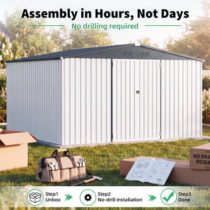 10' x 12' Waterproof Metal Outdoor Storage Shed (WHITE / 10x12)