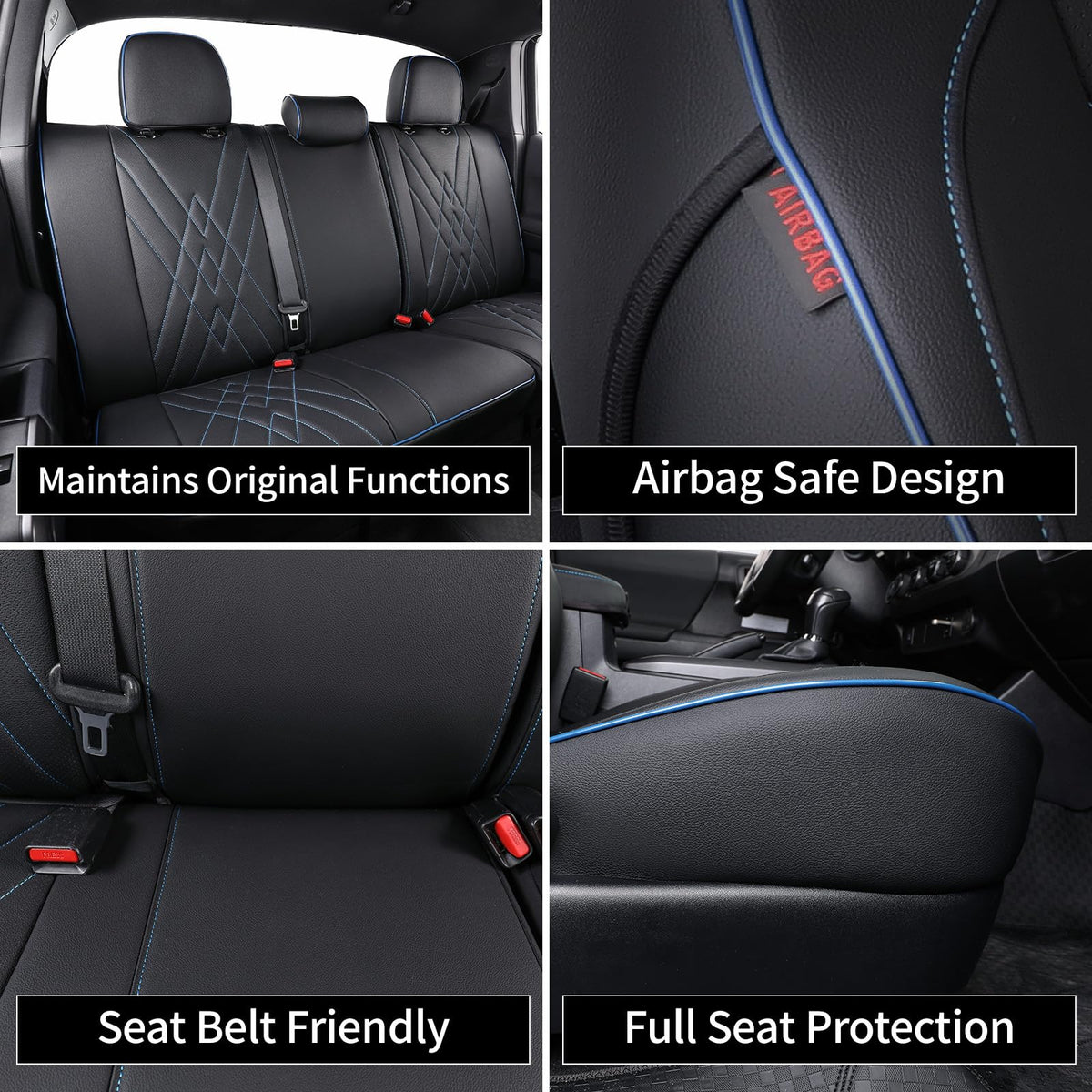 Custom Fit Tacoma Leather Car Seat Covers for Toyota Tacoma 2012 2013 2014 2015 (Leather (Black with Blue Trim) / 2012-2015 Tacoma Full Set (Trd Sport Seats))