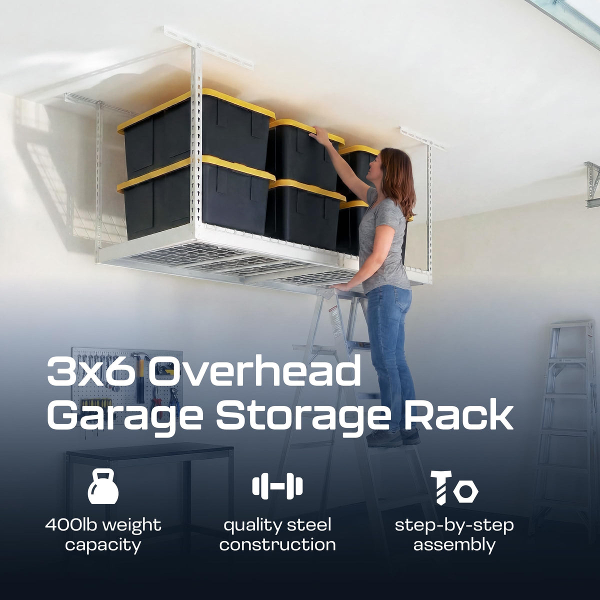 MonsterRAX 3x6 Overhead Garage Storage Rack (White / 12"-21")