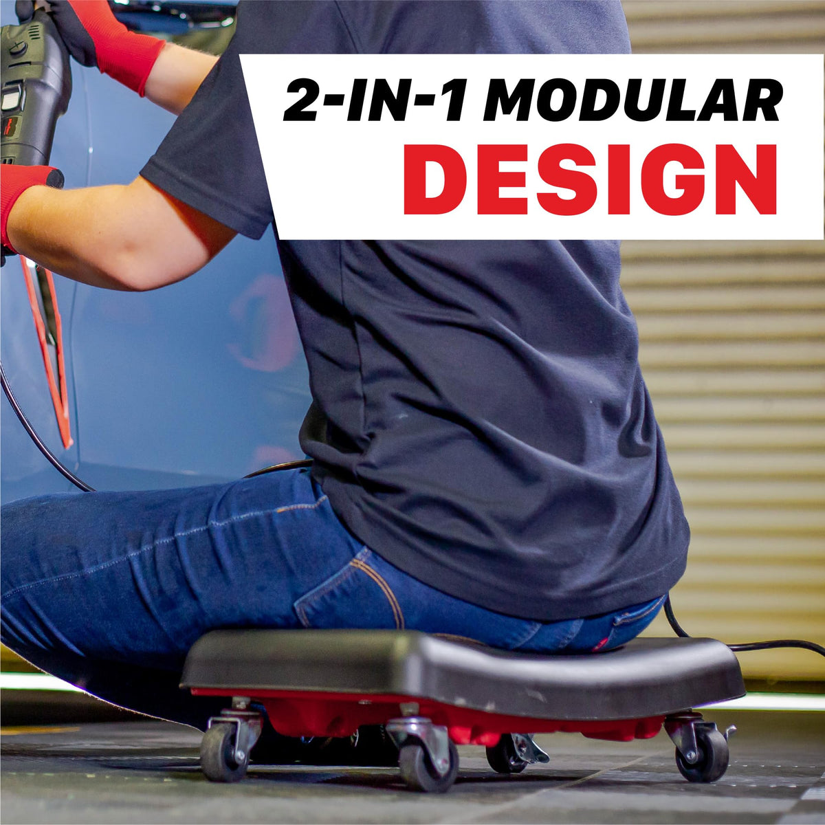 2-in-1 Modular Detailing Creeper Seat with Cushion – Rolling Creeper with Removable Cushion & Tool Tray – Heavy-Duty Polyethylene & Steel Frame, 4” Wheels (Complete Set)