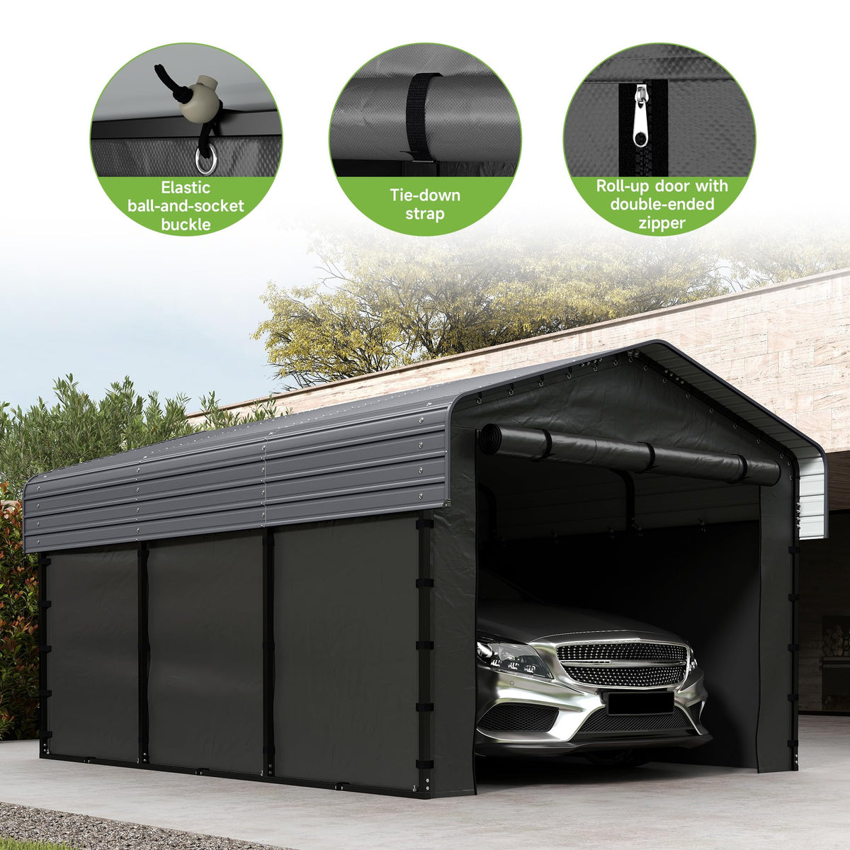 10x15 FT Heavy Duty Metal Carport with Removable Sidewalls (Gray / 10x15 With Enclosed)