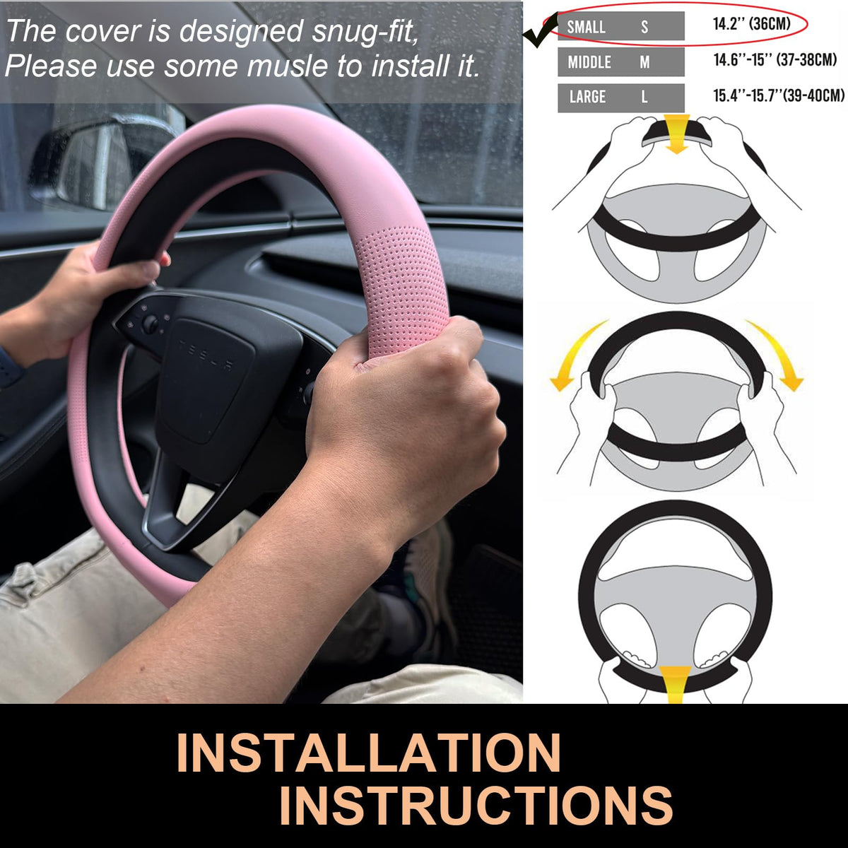 Nappa Leather Steering Wheel Cover for Tesla Model Y (04.Pink / Small D Shaped/Flat Bottom[14''-14 1/4''])