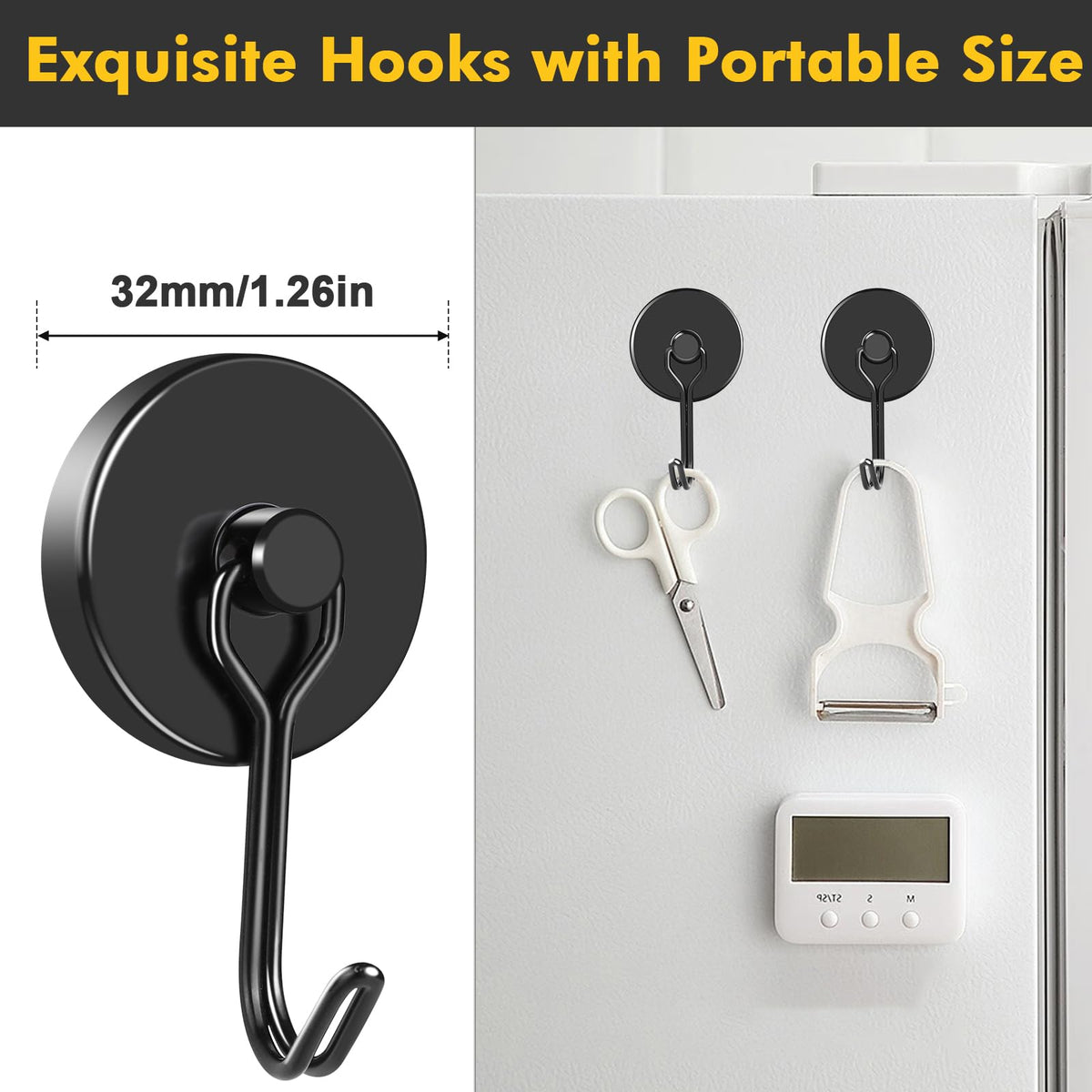 Black Magnetic Hooks Heavy Duty 120LB Swivel Strong Magnet Hook (Black / 1.26in)