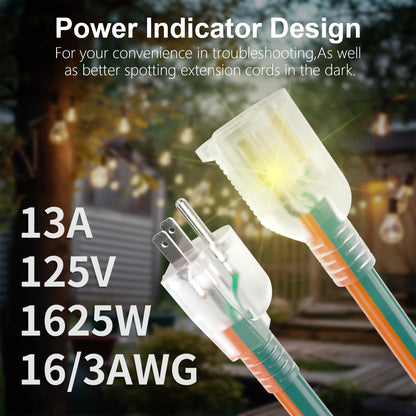 Indoor Outdoor Extension Cord 25 FT with Lighted 16 (25 FT / 16/3 Gauge Lighted / Orange-Green)