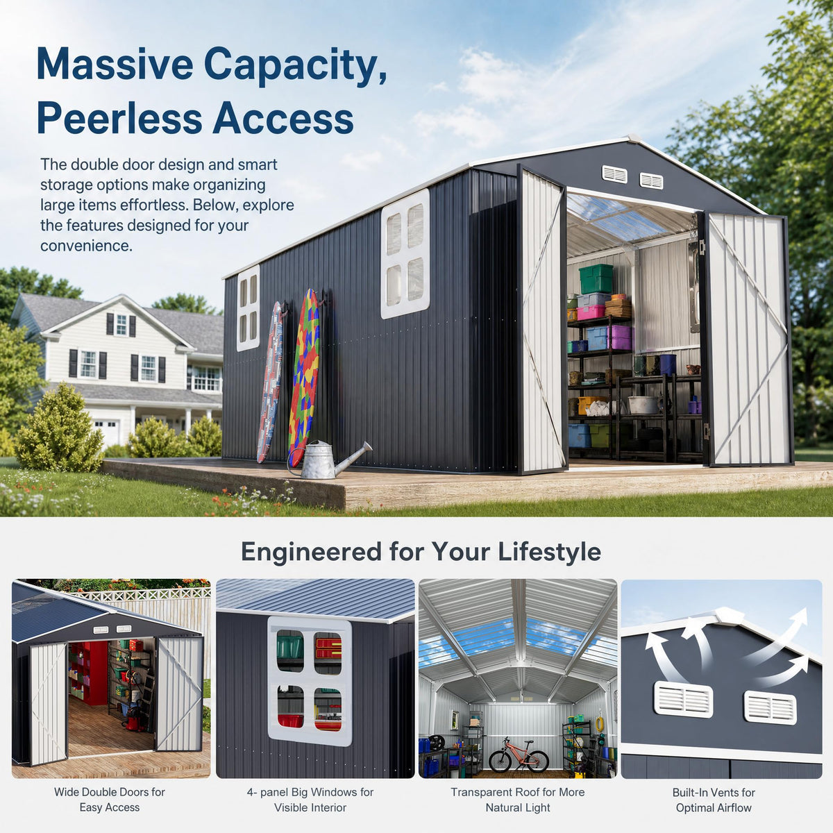 10x16 FT Metal Outdoor Storage Shed with Windows Skylight (10x16 FT-Large)