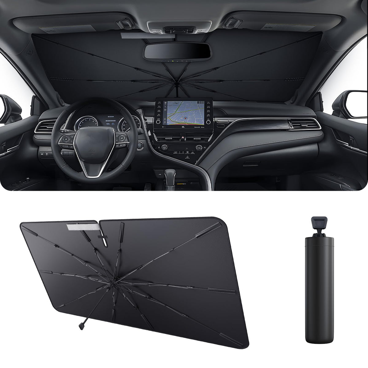 2025 Upgrade Car Windshield Sun Shade Windshield Sunshade Umbrella [Star Fabric] Protect Car from Sun Rays&Heat Damage Keeps Vehicle Cool (S2)