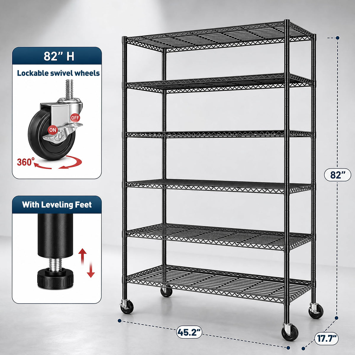 Heavy Duty 6 Tier Rolling Storage Shelves with Wheels for Garage (82"H X 45"W X 18"D-Black)