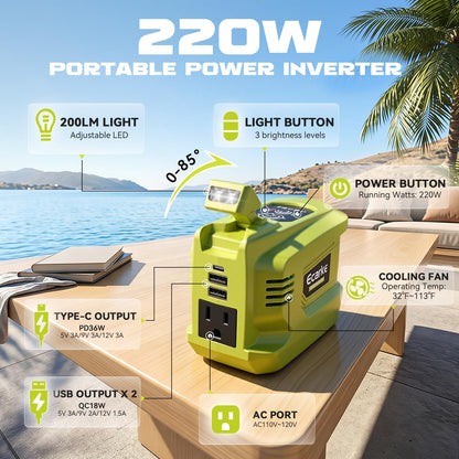 220W Power Inverter Compatible With Ryobi 18V Battery (2-pack / Green)