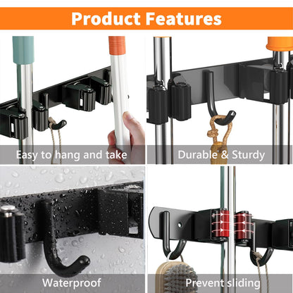 2 Pack Mop and Broom Holder Wall Mount for Kitchen Garden Garage Laundry (Black / 2 Pack 5 Racks with 4 Hooks)