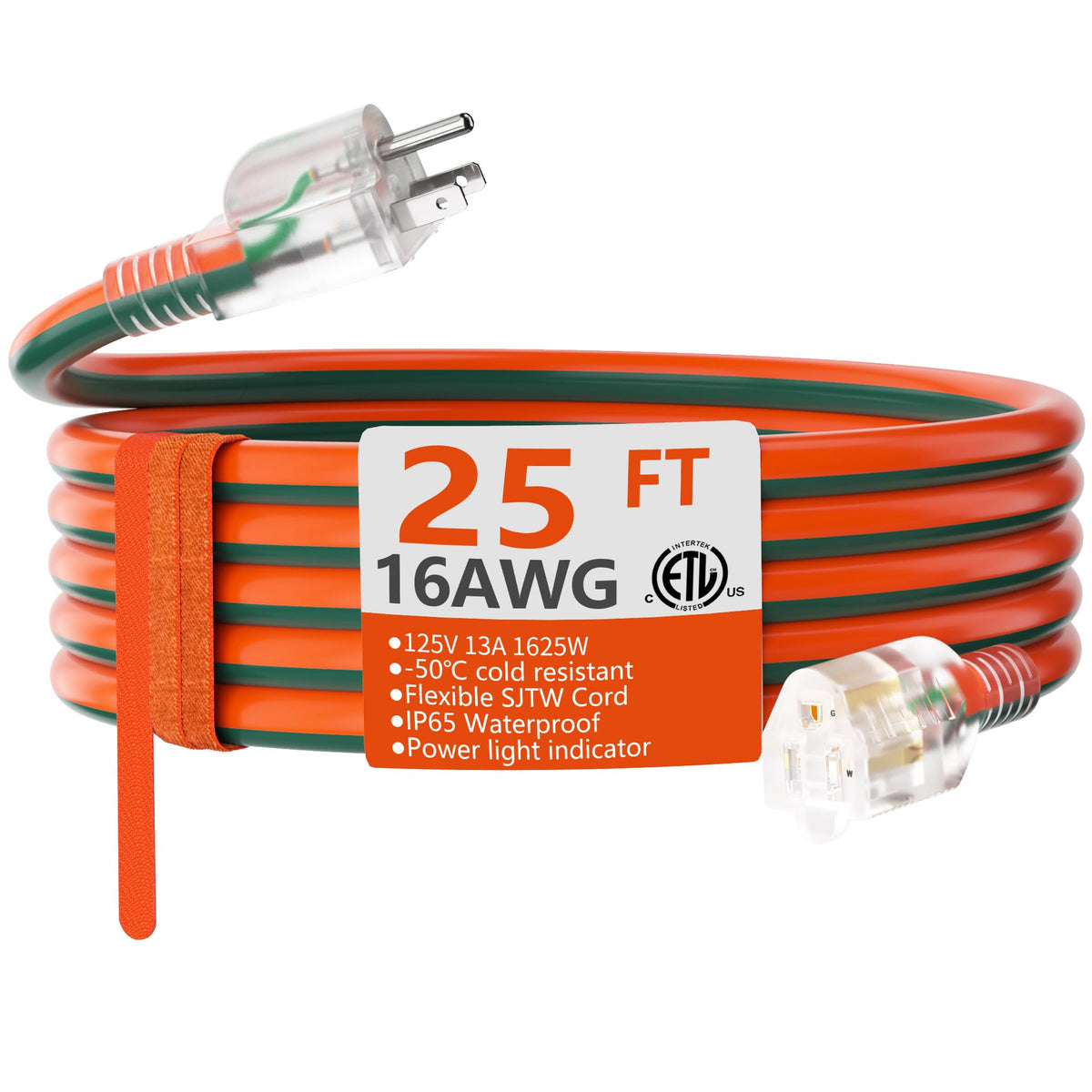Indoor Outdoor Extension Cord 25 FT with Lighted 16 (25 FT / 16/3 Gauge Lighted / Orange-Green)