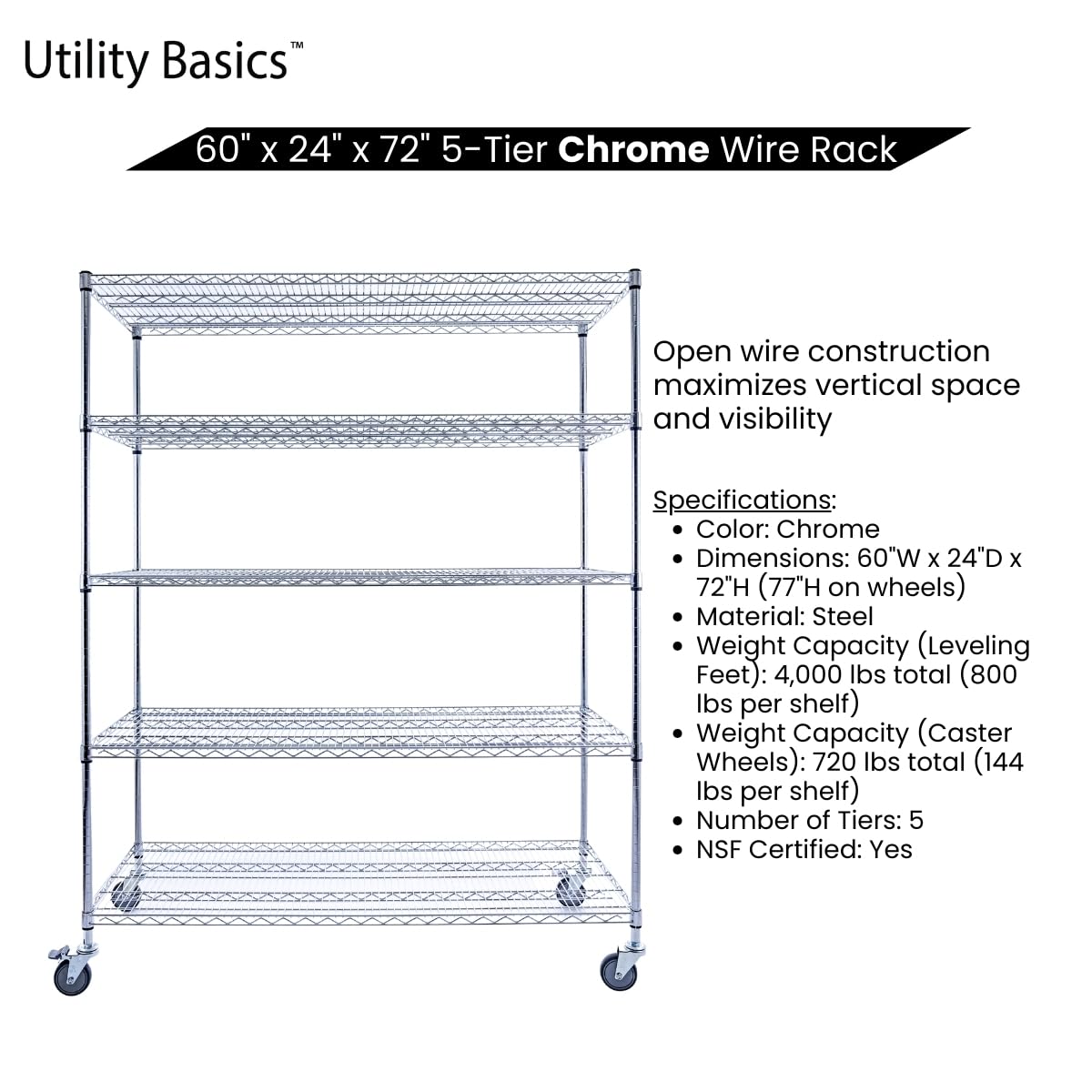 60"x24"x72" Heavy Duty Chrome Wire Shelving Unit (60"x24"x72" 5-Tier / Chrome)