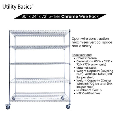 60"x24"x72" Heavy Duty Chrome Wire Shelving Unit (60"x24"x72" 5-Tier / Chrome)
