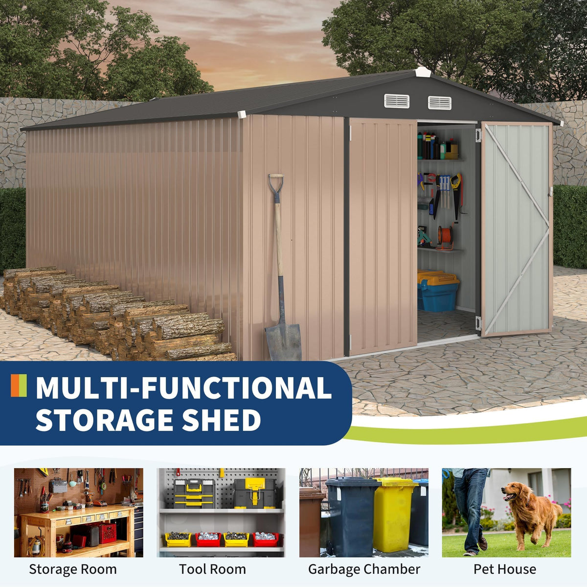 10x14 FT Metal Storage Sheds Outdoor (Brown / 10x14FT)