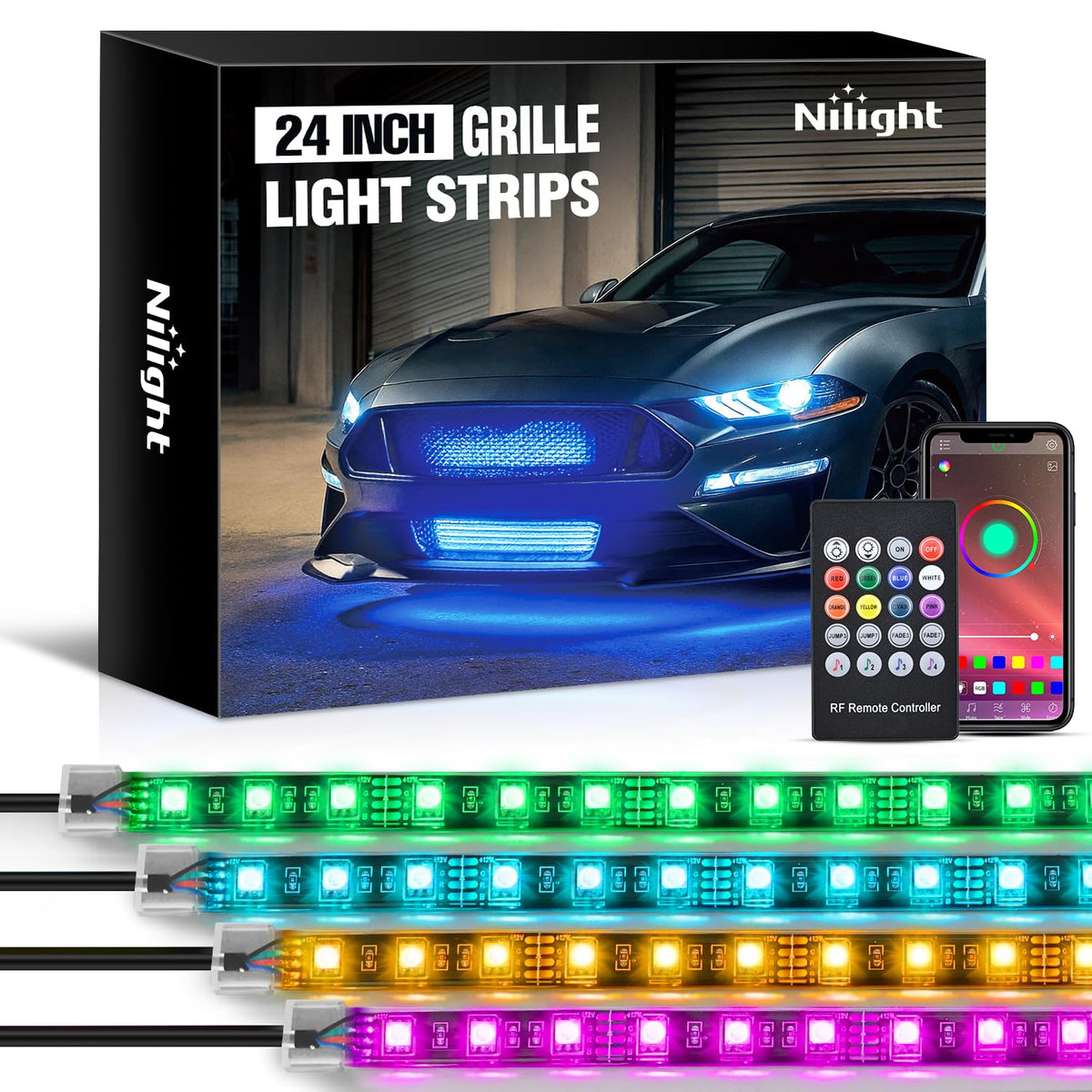 4PCS 24" RGB LED Grille Light Strips with APP & Remote Control (4Pcs 24Inch Grille Light w/Remote+APP)