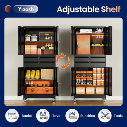 Metal Garage Storage Cabinet with Locking Doors and Adjustable Shelves (Black / 4 Wheel - 2 Drawer - 74"H)