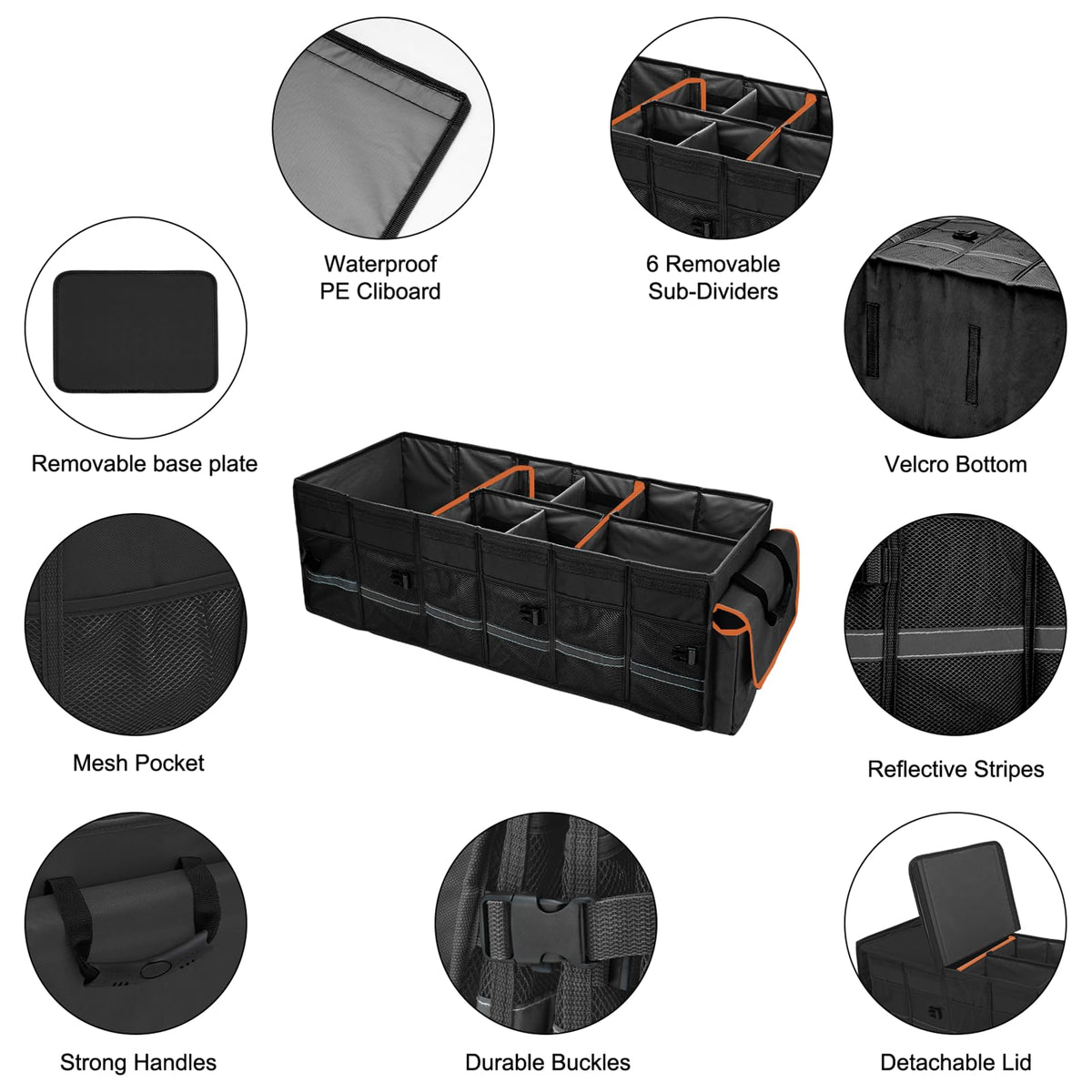 Car Trunk Organizer and Storage with Lid & Removable Leakproof Cooler Bag (Black / Large)