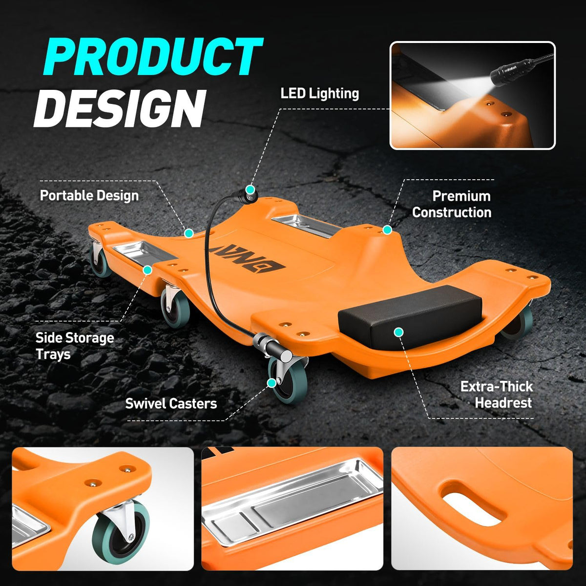 40 Inch Low Profile Plastic Rolling Garage Shop Floor Creeper with LED Light (40"-Orange / Orange)