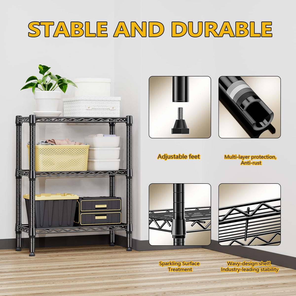 750 lbs 3 Tier Shelf Metal Storage Shelves Wire Rack Closet Organizers for Garage Kitchen Bathroom Laundry Black 11.8" D x 25.6" W x 31.5" H (3 Tier, 11.8" D x 25.6" W x 31.5" H / Black)