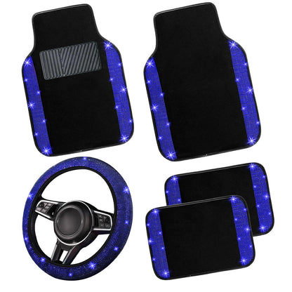 Bling Car Floor Mats Full Set and Steering Wheel Cover (Blue / Car Floor Mats and Steering Wheel Cover (5 Pieces))