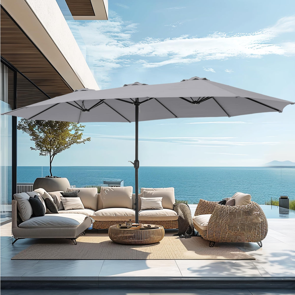15ft Large Outdoor Patio Umbrella with Base Included (Light Gray)