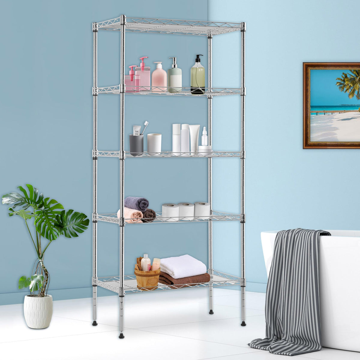 5 Tier Wire Shelf (Chrome / 22"D x 12"W x 48"H)