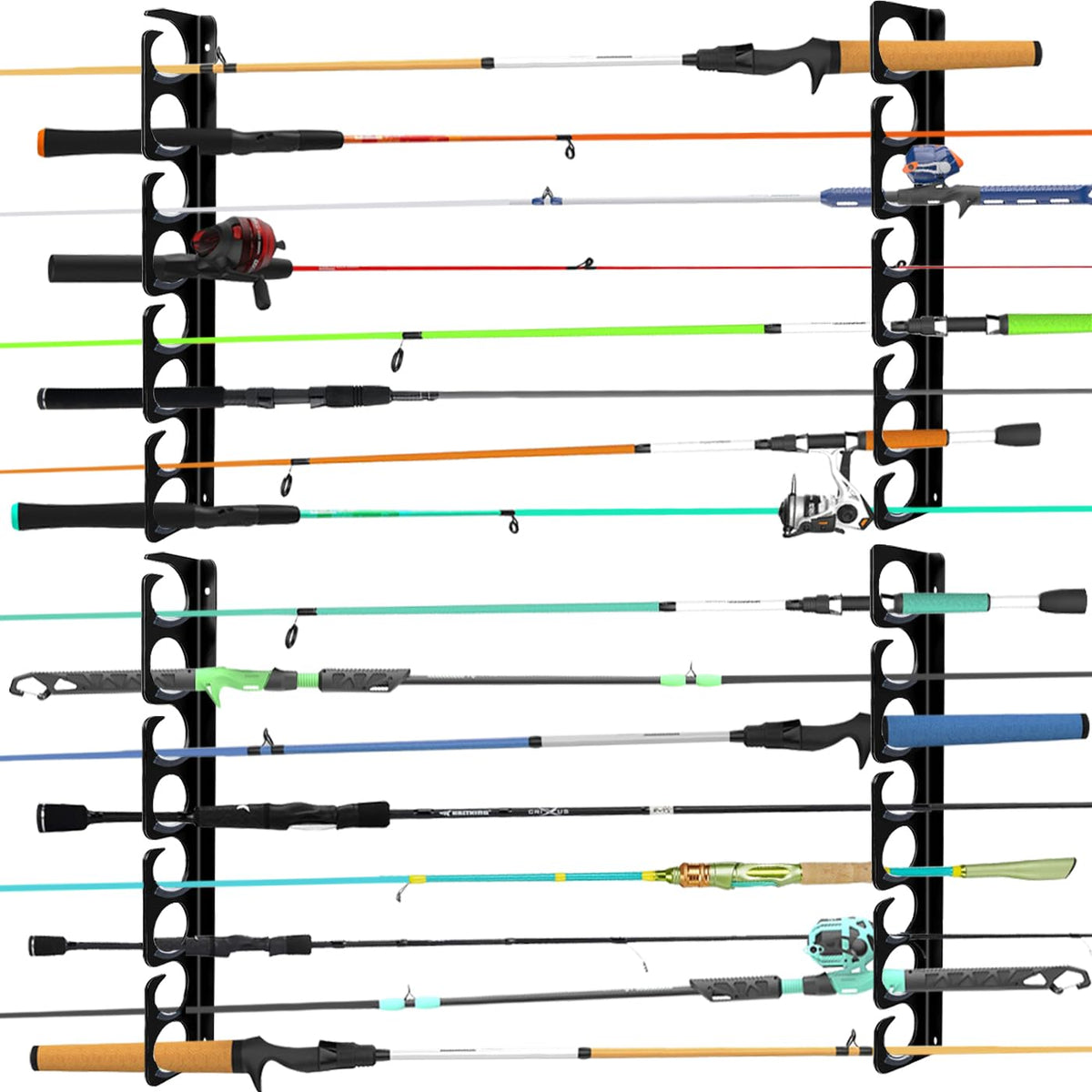 Wall or Ceiling Fishing Rod Storage Rack Vertical Horizontal Holder with 16 Capacity Fishing Rods Reels Mounted Roof Carrier Hooks Hanger for Garage Cabin and Basement Gear Accessories (Store 16 Rods)