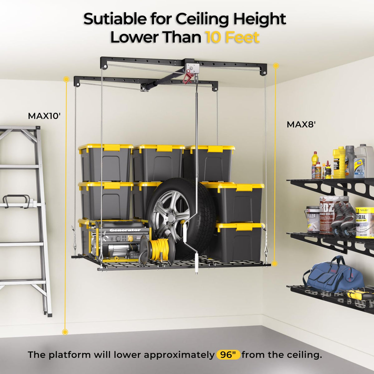 Overhead Garage Storage Rack for 8 (Black / 8-10FT)