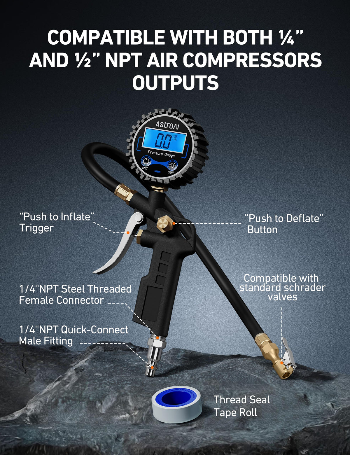 Digital Tire Pressure Gauge with Inflator (Standard / 2 Pack without case)